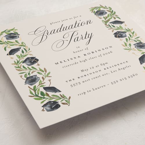 This is a neutral graduation invitations with foil pressed by Claudia Orengo called hats off printing on signature in standard