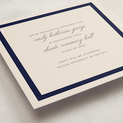 This is a navy graduation announcements with standard by Megan Davis called montauk printing on signature in standard