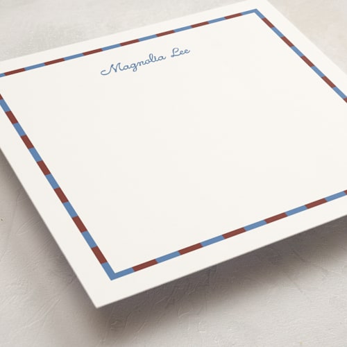 This is a maroon personalized stationery thank you cards with standard by Carrie Moradi called thin checked printing on signature in 5x7