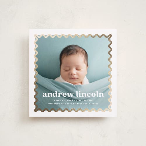 This is a pearl foil stamped birth announcements with foil pressed by Creo Study called glimmering ric-rac printing on smooth signature in standard