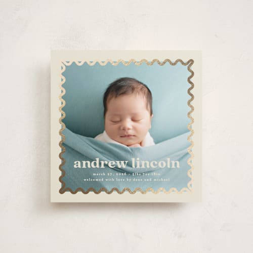 This is a almond foil stamped birth announcements with foil pressed by Creo Study called glimmering ric-rac printing on recycled smooth signature in standard