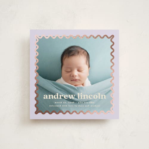This is a lilac foil stamped birth announcements with foil pressed by Creo Study called glimmering ric-rac printing on smooth signature in standard