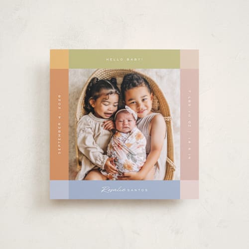 This is a natural rainbow birth announcements with standard by Sierra Lee called soft strips printing on recycled smooth signature in standard