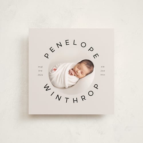 This is a sand birth announcements with standard by Lori Wemple called square birth printing on smooth signature in standard