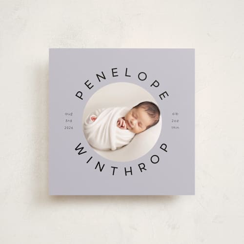 This is a lavender birth announcements with standard by Lori Wemple called square birth printing on smooth signature in standard