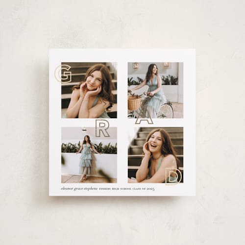 This is a powder graduation announcements with foil pressed by Samantha Wallace called joyful grad printing on recycled smooth signature in standard