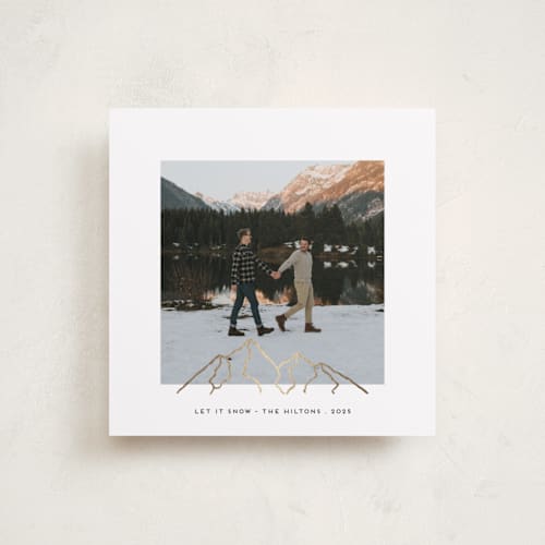 This is a snow foil pressed holiday cards with foil pressed by Gwen Bedat called top of the mountain printing on recycled smooth signature in standard