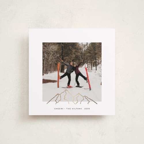 This is a snow foil pressed holiday cards with foil pressed by Gwen Bedat called top of the mountain printing on recycled smooth signature in standard
