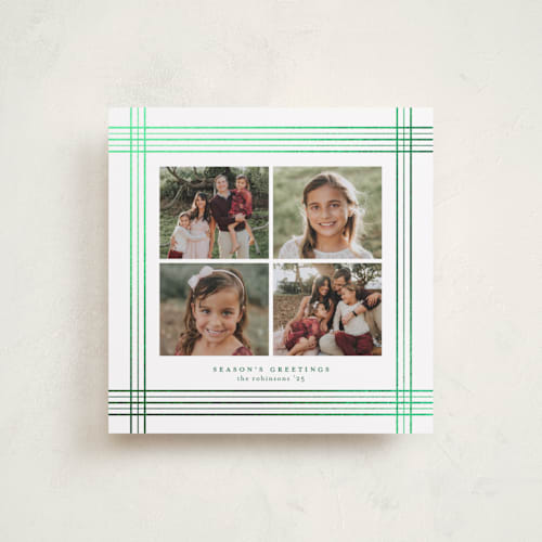 This is a elf shoes foil pressed holiday cards with foil pressed by Blustery August called plaid frame printing on recycled smooth signature in standard