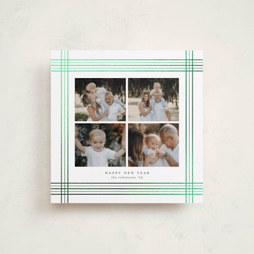 This is a elf shoes foil pressed holiday cards with foil pressed by Blustery August called plaid frame printing on recycled smooth signature in standard