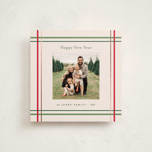 This is a vanilla foil pressed holiday cards with foil pressed by Poised Avenue called perfectly plaid printing on recycled smooth signature in standard