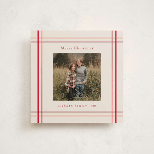This is a peppermint foil pressed holiday cards with foil pressed by Poised Avenue called perfectly plaid printing on recycled smooth signature in standard