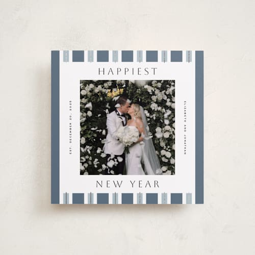 This is a blue spruce foil pressed holiday cards with foil pressed by Yuliya Evseeva called holiday rhythm printing on recycled smooth signature in square