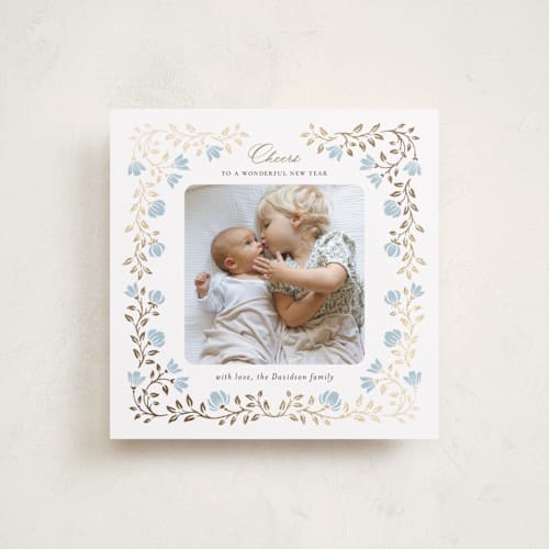 This is a bluebell foil pressed holiday cards with foil pressed by Anna Black called floral cascade printing on recycled smooth signature in square