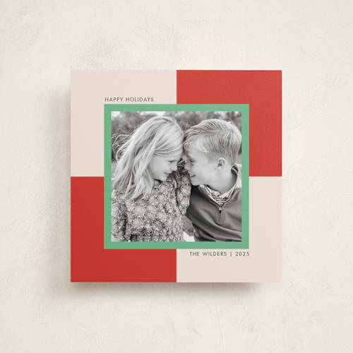 This is a candy cane holiday photo cards with standard by Morgan Kendall called checkmate printing on recycled smooth signature in square