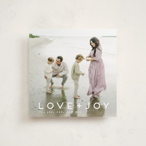 This is a snow holiday photo cards with standard by Kate Ross called love joy printing on recycled smooth signature in square