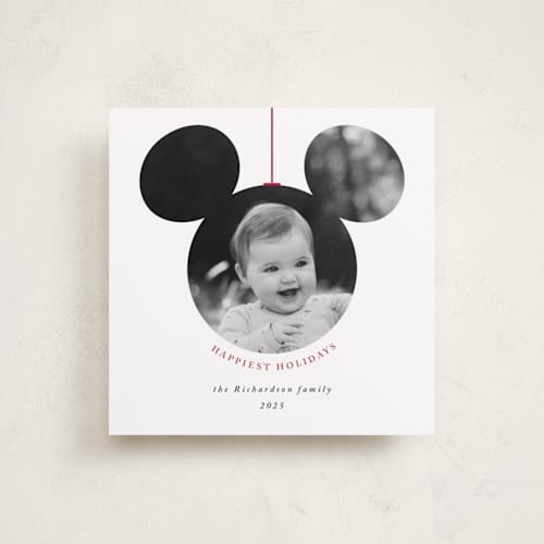 This is a snowflake holiday photo cards with standard by Roopali called mickey bauble printing on recycled smooth signature in square