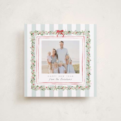 This is a winter mint holiday photo cards with standard by Everett Paper Goods called coastal garland printing on recycled smooth signature in square