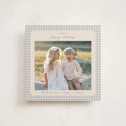 This is a ash holiday photo cards with standard by Emily Betts called gingham vintage printing on recycled smooth signature in square