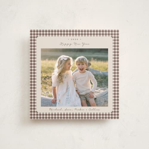 This is a gingerbread latte holiday photo cards with standard by Emily Betts called gingham vintage printing on recycled smooth signature in square