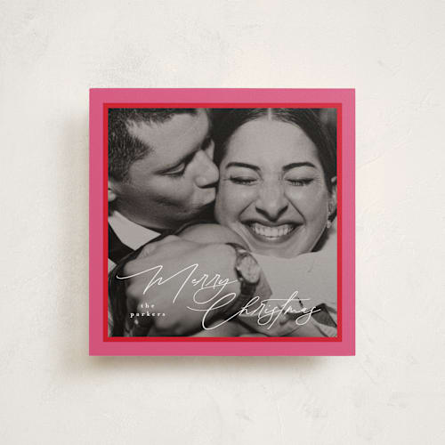 This is a raspberry holiday photo cards with standard by Tamara Hilje called holiday soneto printing on recycled smooth signature in standard