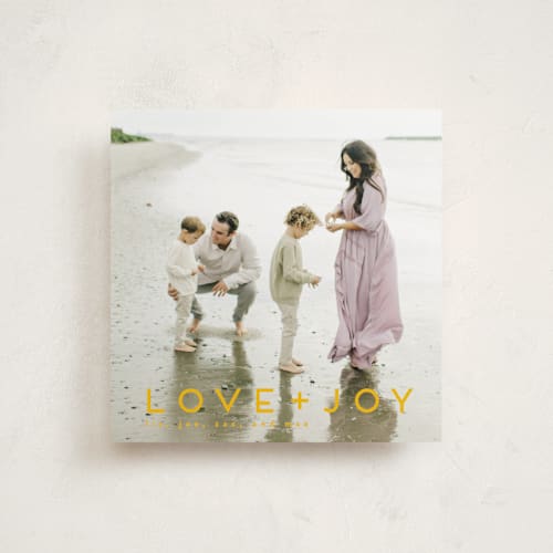 This is a golden honey holiday photo cards with standard by Kate Ross called love joy printing on recycled smooth signature in standard