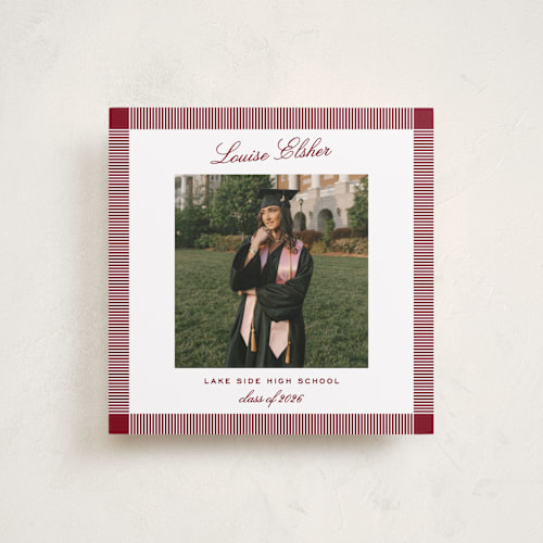 This is a crimson graduation announcements with standard by Pati Cascino called boxy printing on recycled smooth signature in standard