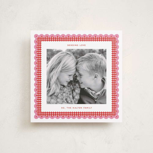 This is a cranberry valentines day with standard by Erin German called gingham fun printing on recycled smooth signature in square