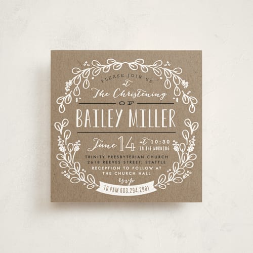 This is a kraft baptism and christening announcements with standard by Alethea and Ruth called kraft circle printing on signature in standard