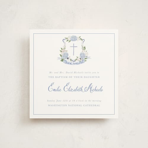 This is a periwinkle baptism and christening announcements with standard by Design Lotus called sweethearts printing on signature in standard