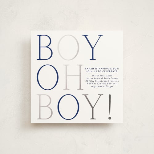 This is a snow foil stamped baby shower invitations with foil pressed by Annie Shapiro called boy oh boy! printing on signature in standard