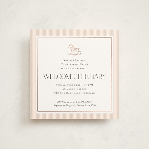 This is a ballet shoes foil stamped baby shower invitations with foil pressed by Lucrecia Caporale called sweet stripes printing on signature in standard