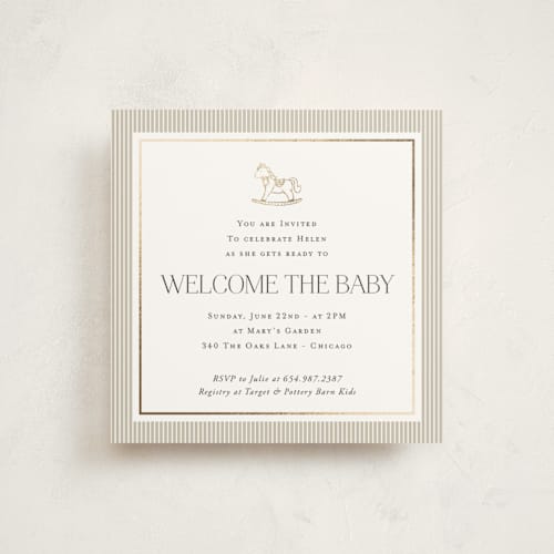 This is a stone foil stamped baby shower invitations with foil pressed by Lucrecia Caporale called sweet stripes printing on signature in standard