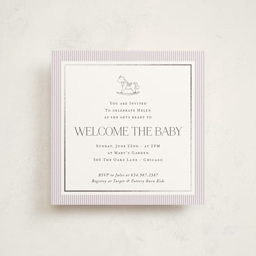 This is a lilac foil stamped baby shower invitations with foil pressed by Lucrecia Caporale called sweet stripes printing on signature in standard
