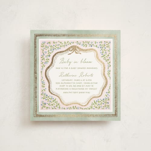This is a garden glory foil stamped baby shower invitations with foil pressed by Creo Study called baby in bloom printing on signature in standard