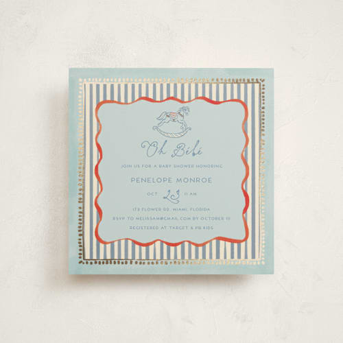 This is a powder foil stamped baby shower invitations with foil pressed by Vera Lim called vintage horse printing on signature in standard