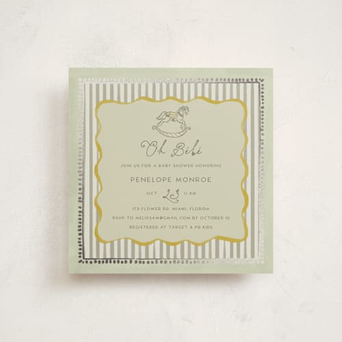 This is a sage foil stamped baby shower invitations with foil pressed by Vera Lim called vintage horse printing on signature in standard