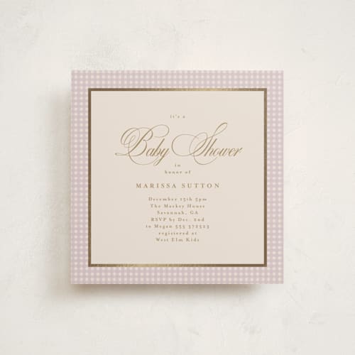 This is a lilac foil stamped baby shower invitations with foil pressed by Tamara Hilje called eleganza printing on signature in standard