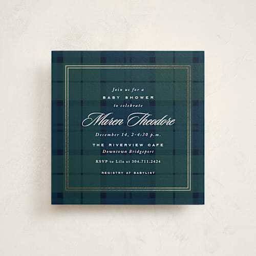 This is a tartan foil stamped baby shower invitations with foil pressed by Lea Delaveris called prep printing on signature in standard