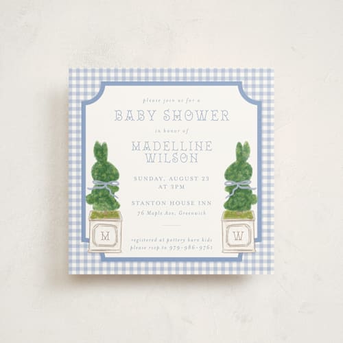 This is a periwinkle baby shower invitations with standard by Jenna Holcomb called topiary printing on signature in standard
