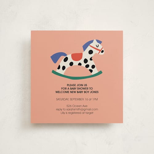 This is a peach baby shower invitations with standard by Harriet Richter called rocking baby shower printing on signature in standard