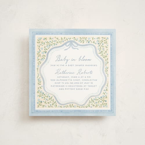 This is a powder baby shower invitations with standard by Creo Study called baby in bloom printing on signature in standard