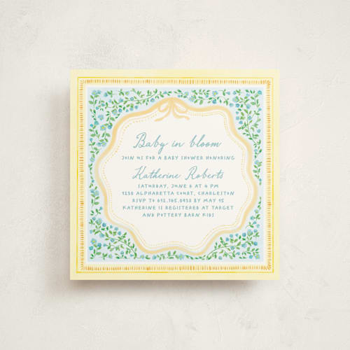This is a buttercup baby shower invitations with standard by Creo Study called baby in bloom printing on signature in standard