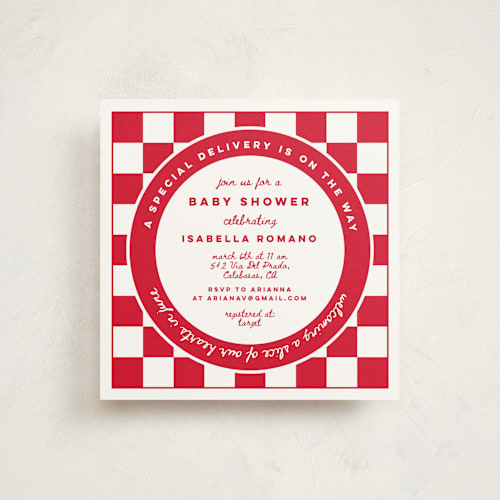 This is a marinara baby shower invitations with standard by Madhvi Samimi called special delivery pizza printing on signature in standard