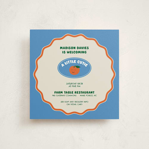 This is a aqua baby shower invitations with standard by Studio Suku called little cutie sticker printing on signature in standard