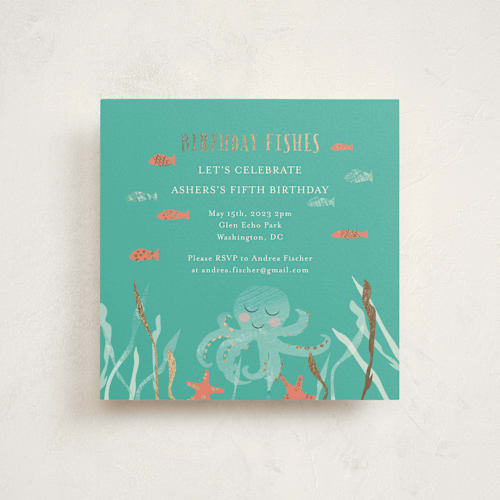 This is a caribbean coral kids birthday invitations with foil pressed by Hallie Fischer called birthday fishes printing on signature in standard