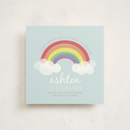 This is a soft teal kids birthday invitations with standard by Angela Garrick called rainbow celebration printing on signature in standard