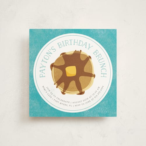 This is a teal kids birthday invitations with standard by Kelly Nasuta called birthday brunch printing on signature in standard