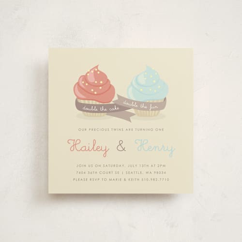 This is a cake kids birthday invitations with standard by Serenity Avenue called double cupcake fun printing on signature in standard