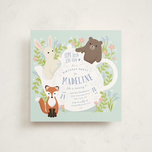 This is a frost kids birthday invitations with standard by Shannon Chen of Four Wet Feet Studio called tea party with animals printing on signature in standard